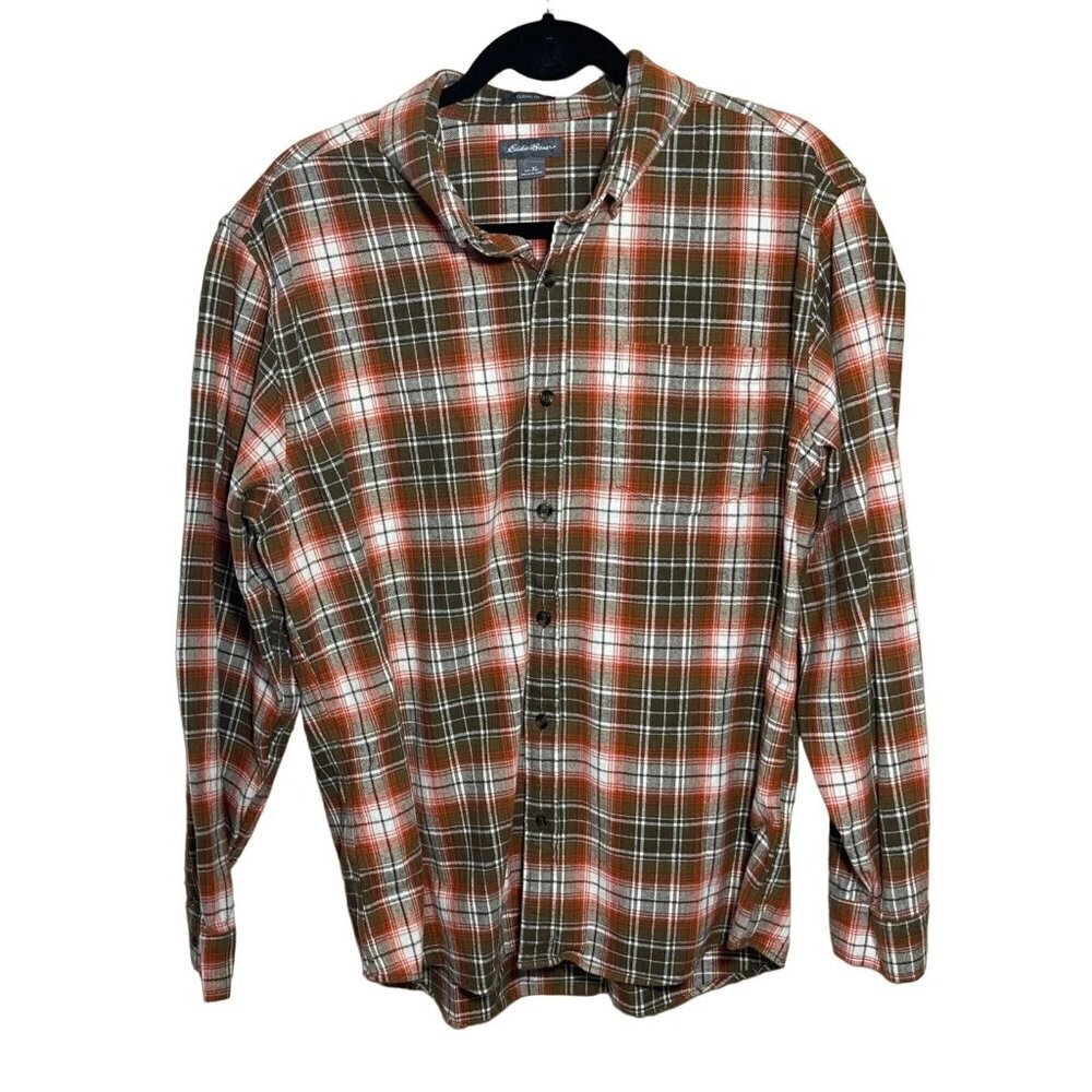 Eddie Bauer Classic Fit Men's Flannel Shirt Orange Green Size XL Extra Large
